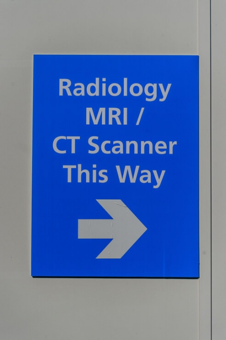 'Radio MRI/CT Scanner This Way' hospital sign